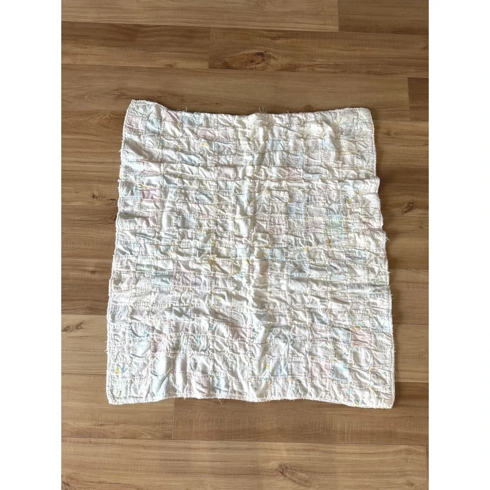 Handmade Vintage Baby Quilt Patchwork Pastel Hand Tied Nursery Blanket 35x32